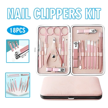 18PCS/Set Manicure Pedicure Kit de Unhas de Tosa de Aço Inoxidável Portátil Manicure Nail Clipper Conjunto de ferramentas