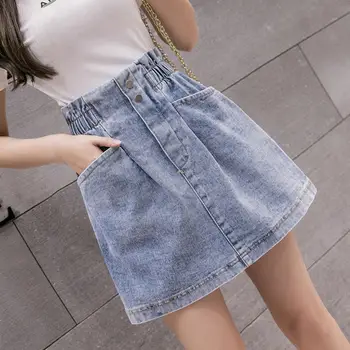 2021 Mulher Saias Mini Jean Saias Bolsos Casual Streetwear Feminino de Uma linha Sexy Saias Pretas Elástico Saia Jeans de Cintura Alta