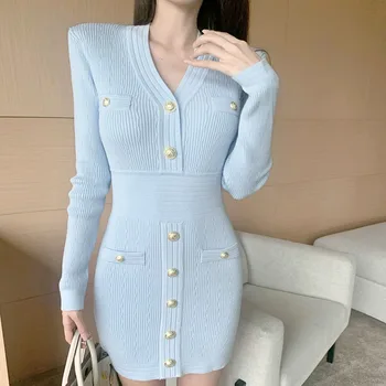 2021 Outono Inverno Novo Coreano Moda Casual Camisola De Malha Vestido De Mulher Bainha Bodycon Vestido Mini Com Fundo Manto Femme Vestidos