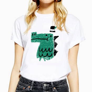 2021 Verão as Mulheres t-shirt Engraçada dos desenhos animados de Impressão de t-shirt de tamanho Mais Curto da luva O-Tops com decote Tee Branco tshirts
