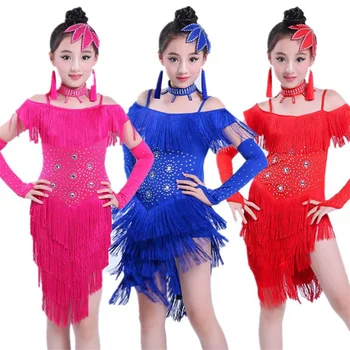 2022 Crianças de Dança latina Vestidos para Meninas Franja do Vestido de Borla Salsa Sequin Fase de Salão de Desempenho Dançando Prática de Roupas