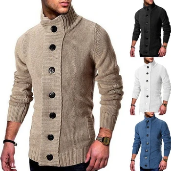 2023 Novos Homens Cardigan Suéter Grosso de Tricô Coats Cor Sólida Moda Cavalheiro Casual Slim Único Breasting Blusas para homens