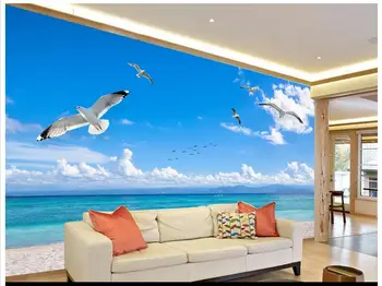 3D murais de parede papel de parede personalizado imagem Moderna paisagem do mar azul do céu, as nuvens brancas, gaivota fundo pintura de decoração de parede