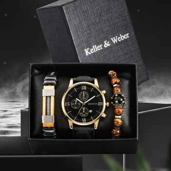 3PCS Casuais Relógios de Quartzo para os Homens, Bracelete de Couro de Set de Moda de Luxo Calendário Relógio de Presente para o Namorado Relógio Masculino