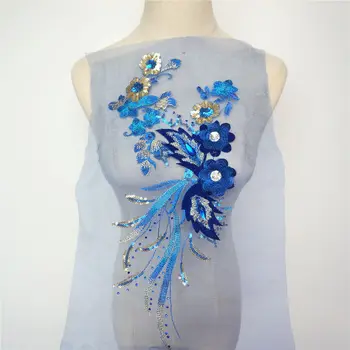 40CM Azul de Paetês com Flores em 3D de Borla Laço Guarnições de pedra de Strass de Malha Costurar Em Patches Bordados Para o Casamento Apliques de Decoração DIY