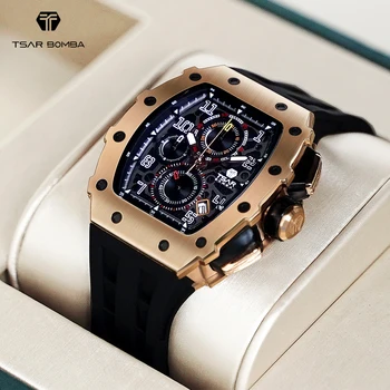 A TSAR BOMBA de Luxo Mens Watch Impermeável relógio de Aço Inoxidável de Ouro de Rosa do Esporte relógio de Pulso de Moda Tonneau para Homens