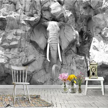 Abstrato moderno 3D Cinza Colisão de Parede Elefante Estátua de Fotos de papel de Parede para Sala de estar, Quarto, Casa, Decoração de Fundo do Papel de Parede 3D