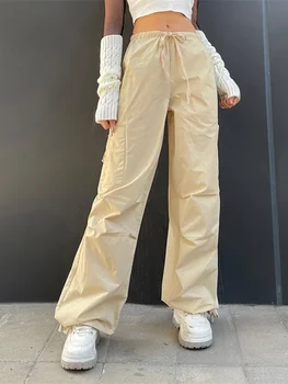 Akaily Outono, Marrom Largas Calças Cargo Para Mulheres 2022 Streetwear Cintura Alta Largura De Perna De Calça Feminina Botão Branco Casual Longo Trouses