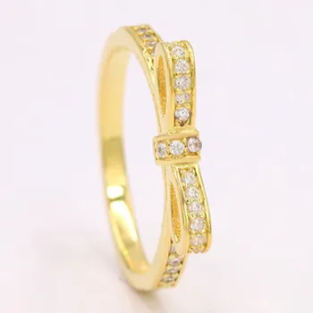 Autêntica 925 Sterling Prata Cintilante Dourado Arco Com Anel De Cristal Para As Mulheres, Festa De Casamento Europa Moda Jóias