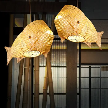 Carpa lâmpada de bambu e madeira lustre, apropriado para a iluminação, restaurante, jardim, sala de jantar, sala de estar, manual do lustre