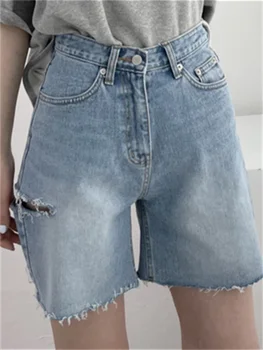 De Perna larga Shorts Jeans para Mulheres de Verão 2023 Novo Cintura Alta Folgado Arrancadas em linha Reta Curta Casual Streetwear Shorts