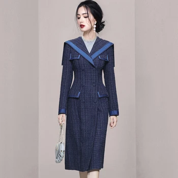 De alta Qualidade Novo Outono-Inverno coreano Casual Double Breasted Decote em V Longo Casaco de Tweed Alta Aguarde Slim Moda feminina Casaco de Lã