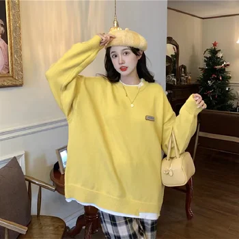 De inverno de Roupas femininas Amarelo Falso Dois Camisola coreano Moda Vintage Splicing Gola Mangas compridas Pulôver de Tricô Tops