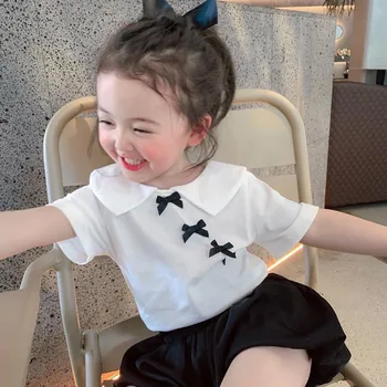 Estilo coreano Bebê Roupas de Meninas Roupa Terno Boneca Colar de Arco de T-Shirt+Calções de Crianças de Manga Curta 2Pcs Conjunto de Verão, Roupas de Crianças