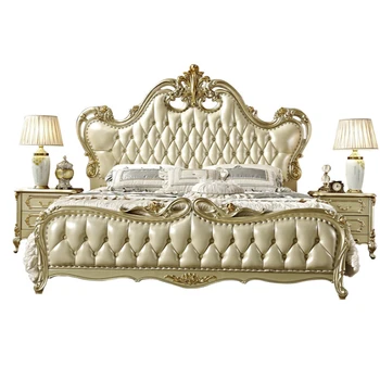 Estilo europeu de couro, cama de madeira maciça princesa cama de casal cama de pressão de ar cama francesa de champagne