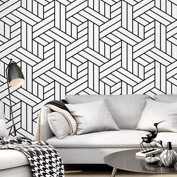 Estilo nórdico papel de parede ins PLANO de fundo preto e branco grade geométrica quarto, sala de estar moderna, simples web celebridade wallpape
