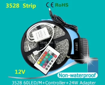 Frete grátis 3528 LED Strip não à prova d'água 12V 60LEDs/m+24W Adaptador de Alimentação de apenas RGB e Mutável, com 24 Teclas Controlador