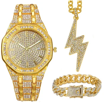 Gelado de Fora Assistir a Colar Cubano Pulseira para Homens 3pcs Relógio de Diamantes Homens Bling Jóias de Moda Relógio de Ouro Relâmpago Pingente Relojes