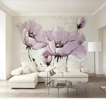 Grande personalizados, decoração de papel de parede mural belas flores roxas Nórdicos TV na parede do fundo