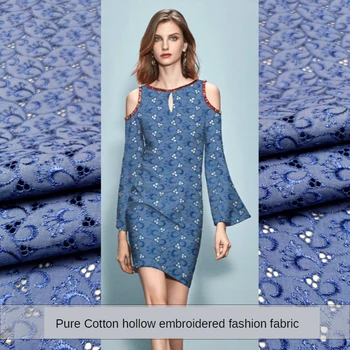 High-end 100% algodão azul oco do bordado tecido primavera, verão e outono vestido das mulheres blusão em tecido jacquard de DIY