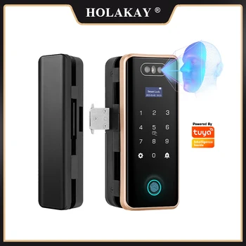 Holakay Nova fechadura eletronica Deslizante de Tuya Wifi, APLICATIVO de Reconhecimento de rostos Inteligente Vidro de impressão digital smart door lock