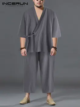 INCERUN Homens Quimono Pijama Ternos de Algodão Largas Robe Vestido de Roupão Masculino Pijamas Solta Tops Pijama Masculina Terno de 2 Peças L-5XL