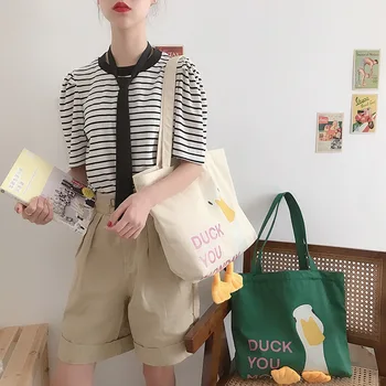 Japonês INS dos desenhos animados de Pato Lona Sacos de Grande Capacidade Casual Simples de Ombro a Sacola Para as Mulheres, Bolsas de Mão