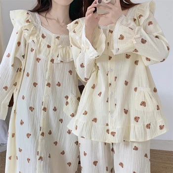 Kawaii Urso Outono Pijama Conjunto De Mulheres De Desenhos Animados De Impressão Single Breasted Camisas + Calça De Algodão Doce De Duas Peças De Casa De Terno De Roupa De Dormir