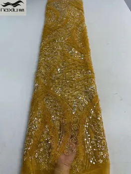 Madison Africana Lantejoulas Net Tecido de Renda 2022 Glod de Alta Qualidade Laço feito a mão Frisada Lace Fabric Nigeriano vestido de Noiva