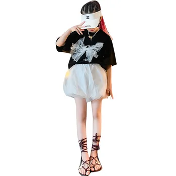 Meninas Bonitos Conjuntos De Vestuário Preto De Manga Curta, Arco Camisetas + Fofo Com Shorts De Malha Duas Peças De Moda De Roupas De Crianças Adolescentes Coreano Costum