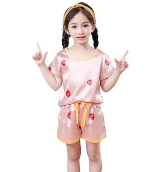 Meninas o Verão Pijama de Seda, de Algodão para Crianças de manga Curta para Casa Vestir Meninas Pijamas de Crianças Bebê Loungewear 3-13 anos PJ38