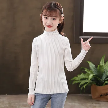 Meninas' stand colarinho de cor sólida camisola de outono inverno das Crianças Pulôver coreano manga longa novo fundo de camisola