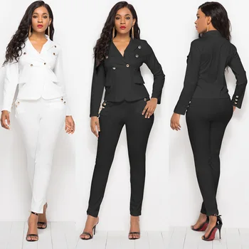 Moda das Mulheres 2 Peças conjunto Para o Trabalho de Lady Único Botão Casual Calças de Negócios de Ternos Casacos Calças Blazer Conjunto de Terno Preto Branco