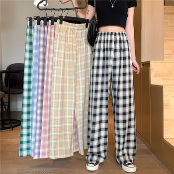 Mulheres Casual Calças Axadrezadas Streetwear De Perna Larga Calças Feminino Coreano A Moda Cintura Alta Em Linha Reta Calças 2022 Primavera, Outono
