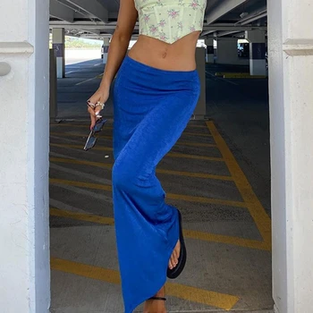 Mulheres Caual Azul Verde Saias Lápis Y2K Vintage Bodycon Midi Saia de Cintura Alta Skinny da Senhora Elegante Moda Streetwear Verão