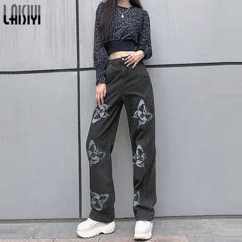 Mulheres de Calças de Cintura Alta Perna Reta Jeans Moda Borboleta de Impressão Y2k Calças Jeans Vintage Streetwear Calças Para as Mulheres