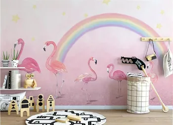 Papel de parede personalizado pintado à mão flamingo quarto de crianças, papel de parede fundo rosa de parede papel de parede para parede 3 d papier peint