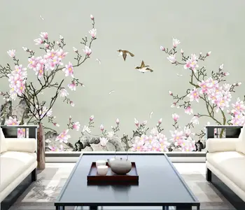 Personalizado Magnolia flores e pássaros 3d papel de parede autocolante papel de parede decoração sala de TV fundo pintura decorativa decoracion