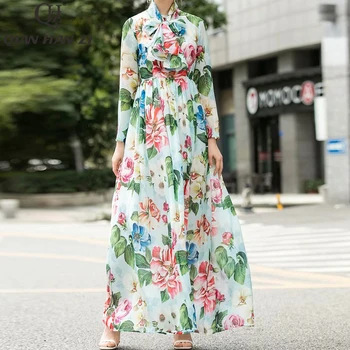 Qian Han Zi verão designer de moda de praia, maxi vestido das Mulheres de Manga Longa Lenço com estampa floral Elegante, Casual, Férias Vestido Longo