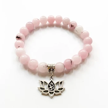 Rosa Natural da Pedra da Opala Lotus OM Pulseira de Meditação de Cura de Pulso Decoração Pentagrama Pulseira Elástica Fio Decoração