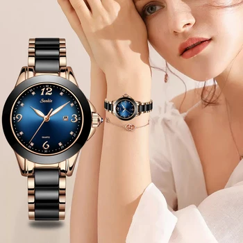 SUNKTA de Moda as Mulheres Relógios de Senhoras de melhor Marca de Luxo de Cerâmica, cristal de rocha do Esporte Relógio de Quartzo Mulheres Relógio de Pulseira Azul à prova d'água
