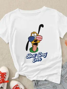 T-Shirt Das Mulheres Disney Verão Plutão Legal Cão Com A Bandeira Americana Óculos De Sol T-Shirt Da Moda Dos Desenhos Animados Exterior Popular Moderna Tshirt