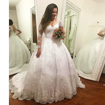 Vestido De Casamento De Mangas Compridas Vestido De Casamento De Luxo Bola Vestido De Vestidos De Noiva Personalizados Feitos Apliques De Renda Vestidos De Noiva 2019