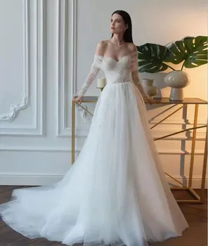 Vestido De Noiva De 2022 Fora do Ombro Vestidos de Noiva Personalizados feitos de Apliques de Renda de Uma Linha de Mangas compridas Vestido de Noiva