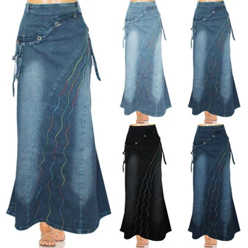 Vintage Patchwork De Jeans, Saia De Mulheres Da Primavera De Moda Cintura Alta Cowboy Saia Sereia Feminino Casual Bolsos Laterais Em Preto Saias Longas
