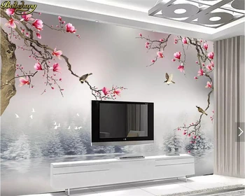 beibehang foto 3D papel de parede de estilo chinês, magnolia flor aves papel de parede para parede 3D quarto para a sala de estar de plano de fundo