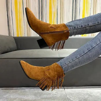 botas femininas de 2022, a Primavera e o Outono Moda da Franja, botas de mulheres sexy apontado zip botas de lazer antiderrapante selvagem botas